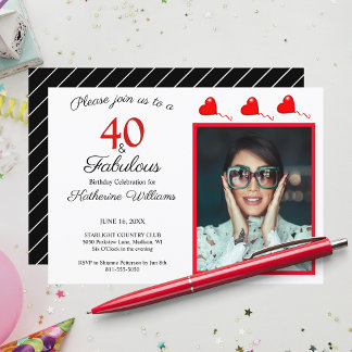 Invitación 40 y fabulosa foto rojo 40 cumpleaños blanco negro