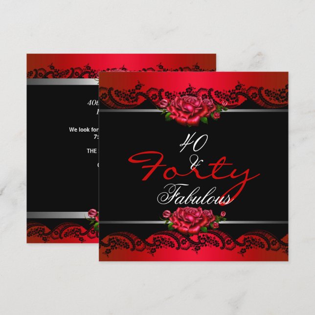 Invitación 40 y fabuloso 40 años Fiesta Roses Rojas (Anverso / Reverso)