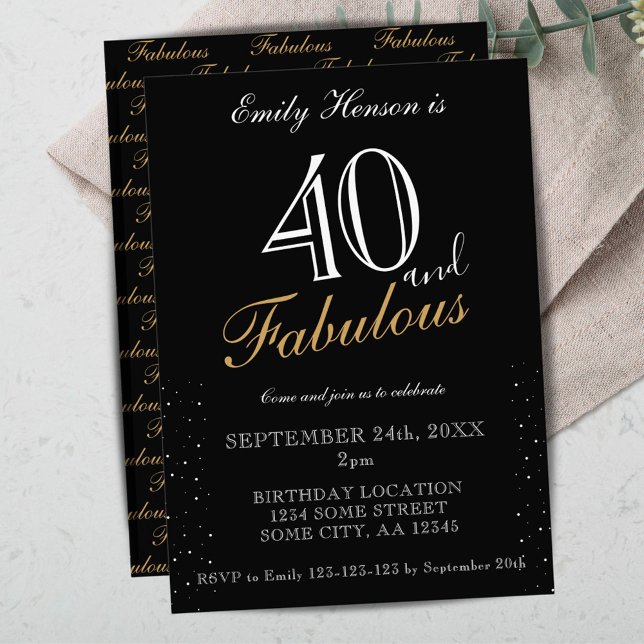 Invitación 40 y fabuloso Black Elegant Script Cumpleaños (Subido por el creador)