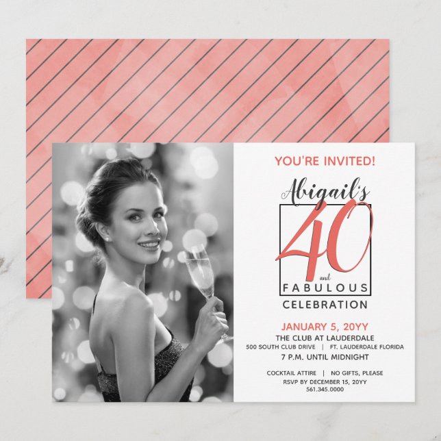 Invitación 40 y fabuloso Cualquier número Cumpleaños Negro y  (Anverso / Reverso)
