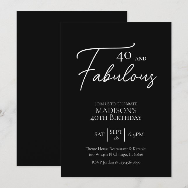 Invitación 40 y fabuloso cumpleaños 40 en blanco y negro (Anverso / Reverso)