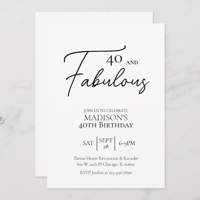 Invitación 40 y fabuloso cumpleaños 40 en blanco y negro (Anverso / Reverso)