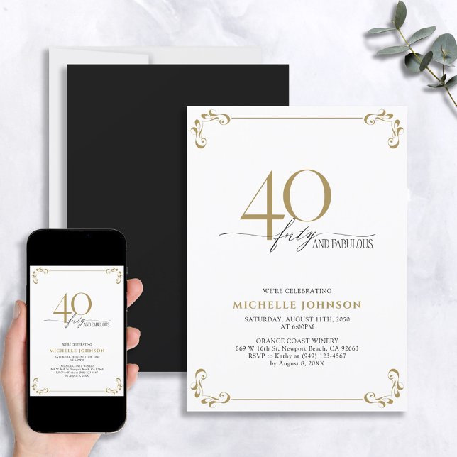 Invitación 40 y fabuloso cumpleaños blanco y dorado negro (Subido por el creador)