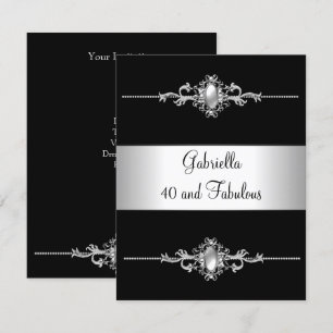 Invitación 40 y Fabuloso Cumpleaños con Adornos Negros y Plat