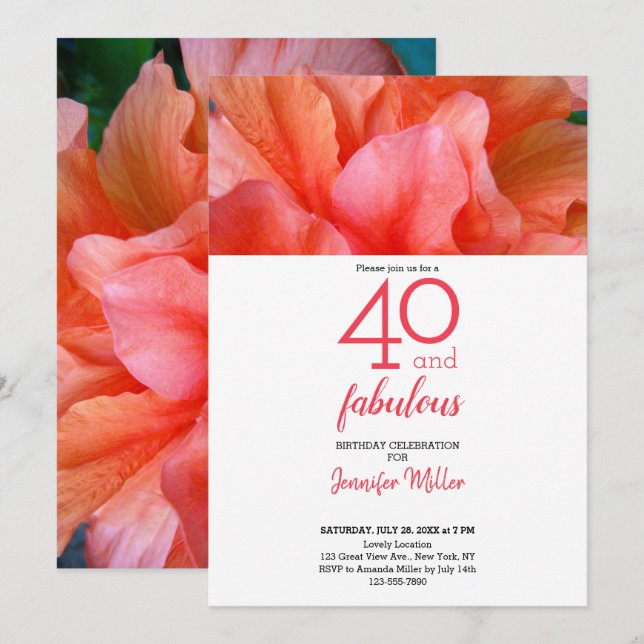 Invitación 40 y fabuloso cumpleaños de foto de flor tropical (Anverso / Reverso)