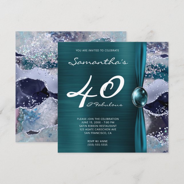 Invitación 40 y fabuloso cumpleaños del Agate Verde azulado A (Anverso / Reverso)