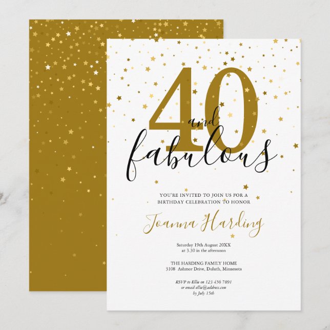 Invitación 40 y fabuloso cumpleaños elegante de oro y negro (Anverso / Reverso)