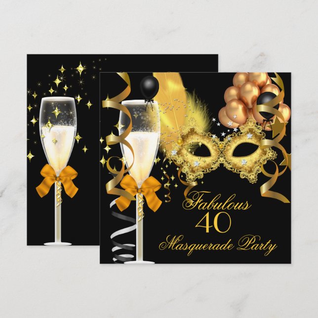 Invitación 40 y fabuloso cumpleaños fiesta de disfraz dorado  (Anverso / Reverso)
