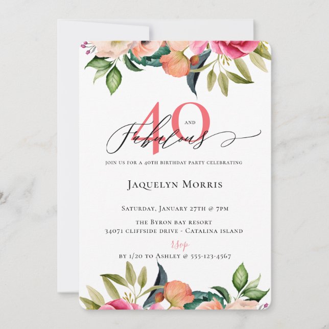 Invitación 40 y fabuloso cumpleaños floral (Anverso)