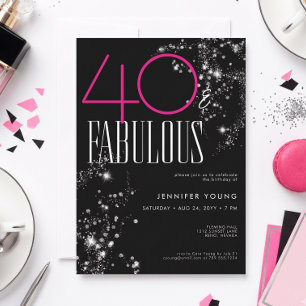 Invitación 40 y fabuloso Cumpleaños Glam Negro Rosa Brillo