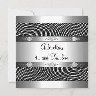 Invitación 40 y fabuloso Cumpleaños negro blanco check plata