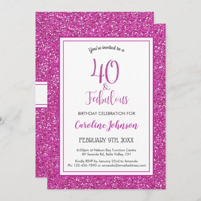 Invitación 40 y fabuloso cumpleaños Purpurina espumoso rosado (Anverso / Reverso)