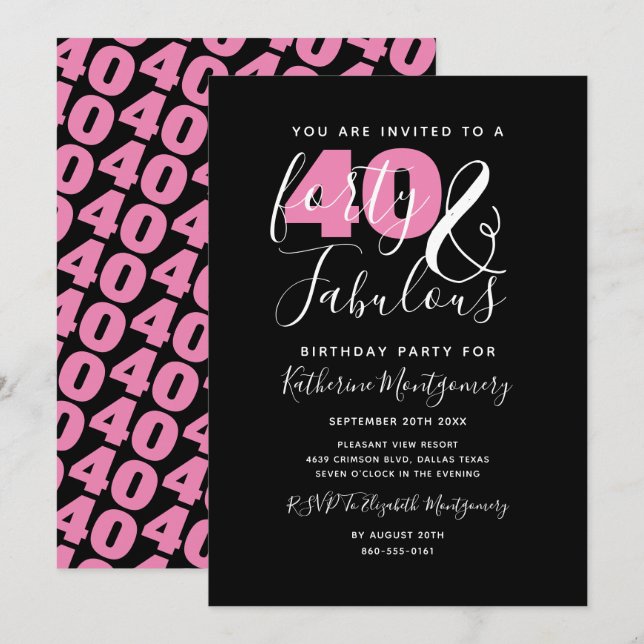 Invitación 40 Y Fabuloso Elegante Fiesta 40 de Cumpleaños (Anverso / Reverso)