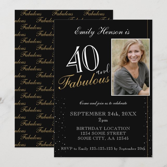 Invitación 40 y Fabuloso Elegante foto negra cumpleaños (Anverso / Reverso)