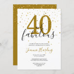 Invitación 40 y fabuloso elegante oro y cumpleaños negro<br><div class="desc">Este elegante guión de moda 40 y fabulosas estrellas de oro confetti invitan al cumpleaños y se pueden personalizar con los detalles de tu fiesta de cumpleaños establecidos en un texto moderno. Al revés,  estrellas de oro a juego confetti en un fondo dorado de cortesía. Diseñado por Thisisnotme©</div>