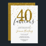 Invitación 40 y fabuloso elegante oro y cumpleaños negro<br><div class="desc">Este elegante guión de moda 40 y fabulosas estrellas de oro confetti invitan al cumpleaños y se pueden personalizar con los detalles de tu fiesta de cumpleaños establecidos en un texto moderno. Al revés,  estrellas de oro a juego confetti en un fondo dorado de cortesía. Diseñado por Thisisnotme©</div>