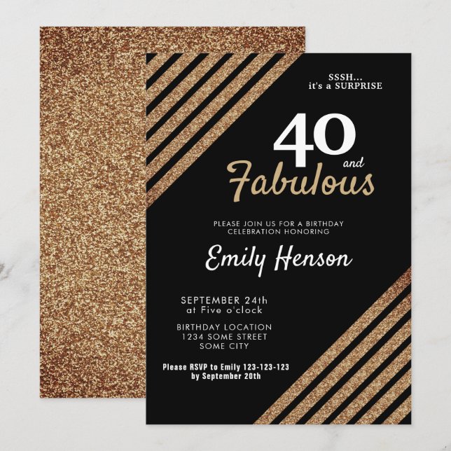 Invitación 40 y Fabuloso Elegante Purpurina de oro 40 años (Anverso / Reverso)
