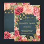 Invitación 40 y fabuloso floral elegante fiesta de 40 años<br><div class="desc">Elegante y lujoso estilo romántico vintage estilo 40º cumpleaños, plantilla de invitación a la fiesta con rosas de melocotón rosa y melocotón dorado y bordes de flores y cuerdas rústicas doradas o luces de manga en un fondo de pizarra azul de medianoche. — La invitación es apta para la primavera...</div>