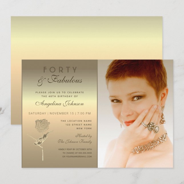 Invitación 40 y fabuloso, glamuroso Rosa de oro Flower Photo (Anverso / Reverso)