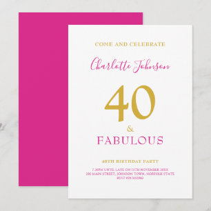 Invitación 40 y fabuloso Minimalista Cumpleaños 40 Gold Rosa