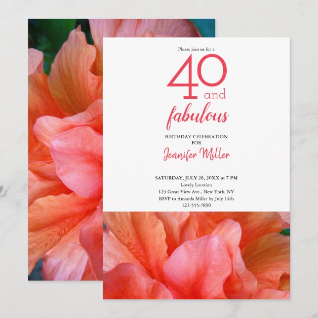 Invitación 40 y fabuloso Naranja Flower Pink Flower Photo Bir (Anverso / Reverso)