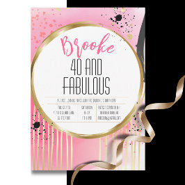Invitación 40 y fabuloso negro rosado Resumen 40 cumpleaños