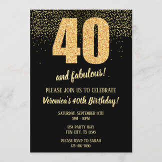 Invitación 40 Y Fabuloso Negro y Oro 40
