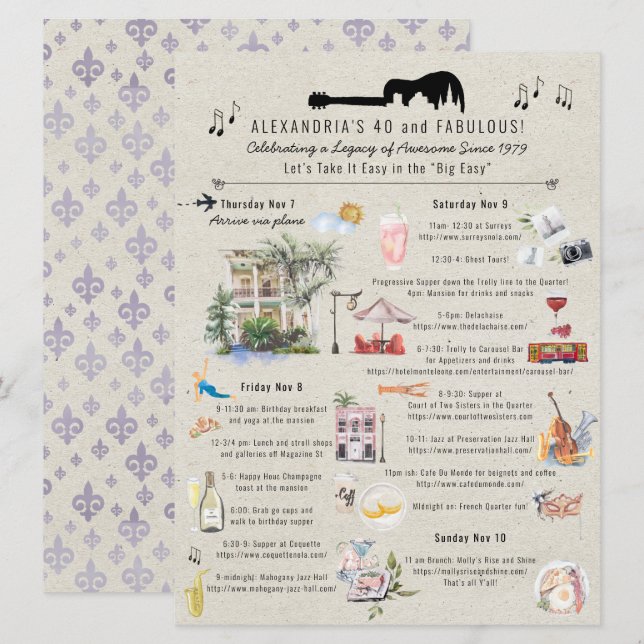 Invitación 40 y fabuloso | Nueva Orleans Cumpleaños Itinerari (Anverso / Reverso)