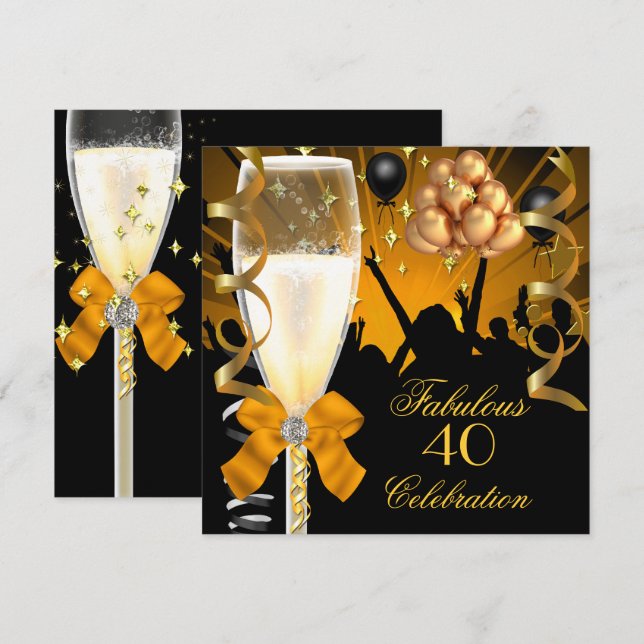 Invitación 40 y fabuloso oro negro cumpleaños Champagne (Anverso / Reverso)
