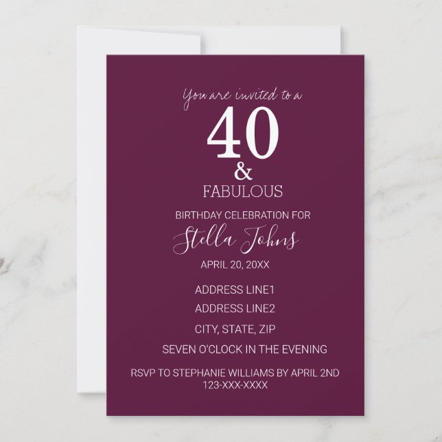 Invitación 40 Y Fabuloso Partido De Cumpleaños Blanco Púrpura (Anverso)
