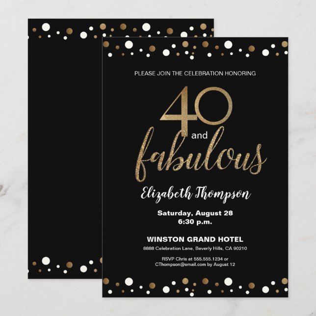 Invitación 40 y fabuloso Personalizado de cumpleaños 40 negro (Anverso / Reverso)
