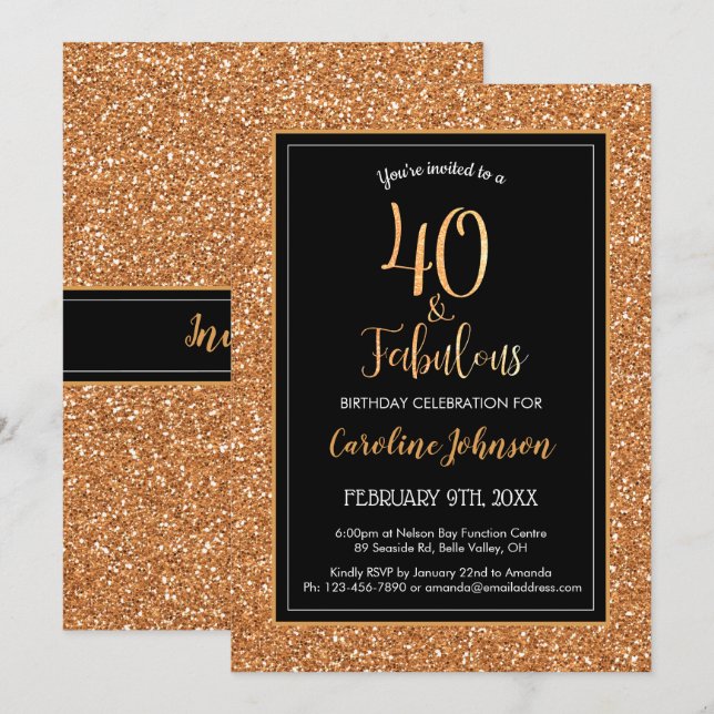 Invitación 40 y fabuloso Purpurina de oro negro (Anverso / Reverso)