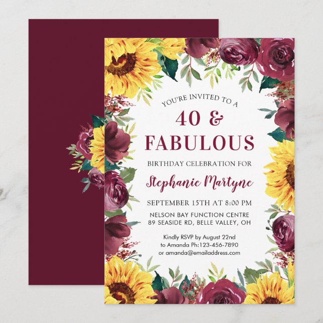 Invitación 40 y fabuloso Rosa de Girasol Borgoña Cumpleaños (Anverso / Reverso)