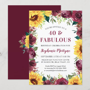 Invitación 40 y fabuloso Rosa de Girasol Borgoña Cumpleaños