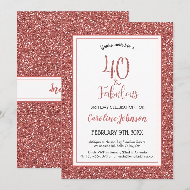 Invitación 40 y fabuloso Rosa de oro Purpurina de cumpleaños (Anverso / Reverso)