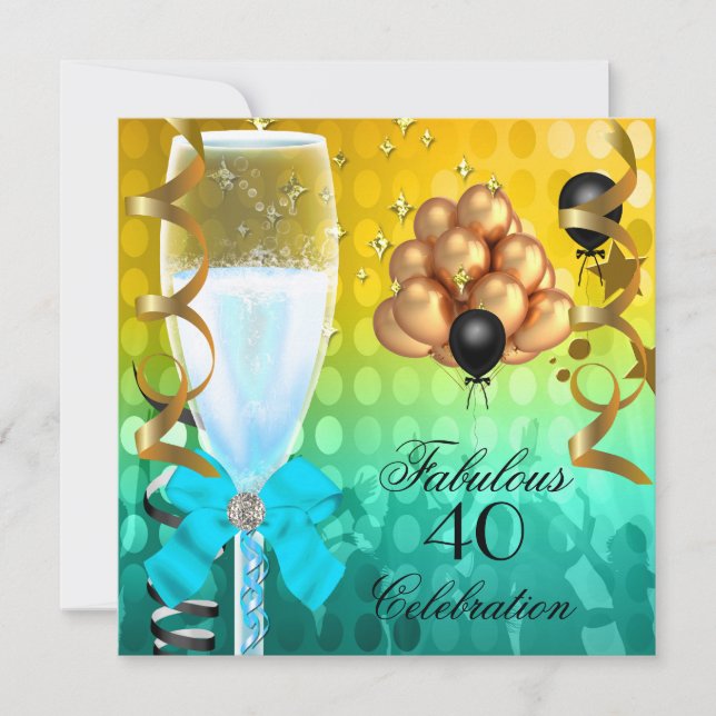 Invitación 40 y fabuloso Verde azulado Blue Gold Birthday Cha (Anverso)
