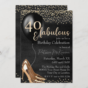 Invitación 40 y fabulosos tacones altos de oro en negro