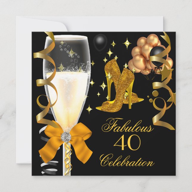 Invitación 40 y fabulosos zapatos de cumpleaños negros de oro (Anverso)
