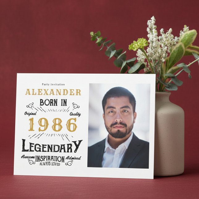 Invitación 40th Birthday 1986 Legend White & Gold Photo (Born 1986 birthday invitation.)