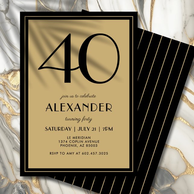 Invitación 40th Birthday Adult Black and Gold Modern Minimal  (A timeless black and gold invite that feels modern, elegant, and upscale.)