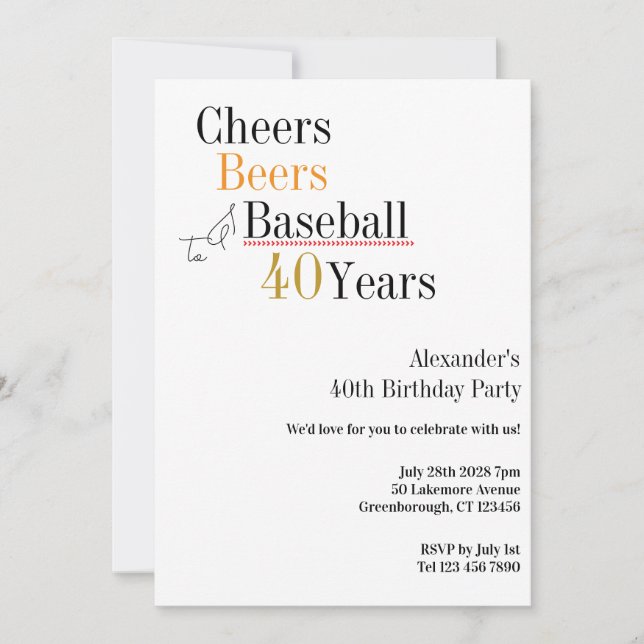 Invitación 40th Birthday Baseball Cheers Beers 40 Years Party (Anverso)
