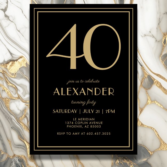 Invitación 40th Birthday Black and Gold Modern Minimal Adult (Elegant black and gold 40th birthday invitation design for him or her.)