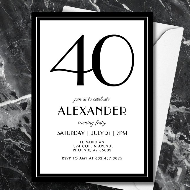 Invitación 40th Birthday Black and White Modern Minimalist  (A chic black and white invitation that blends modern minimal design with elegance.)