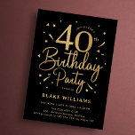 Invitación 40th Birthday Black Gold<br><div class="desc">40th birthday party invitation in black and gold. Trendy modern design,  perfect for a stylish men's or women's bday celebration. Features script font and confetti. Customize with your own details. Printed Zazzle invitations or instant download digital printable template.</div>