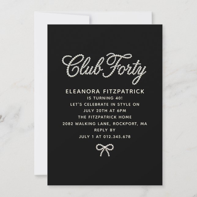 Invitación 40th Birthday Black White Pearl Script Bow (Anverso)