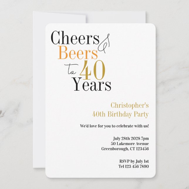 Invitación 40th Birthday Cheers and Beers Minimal Party (Anverso)