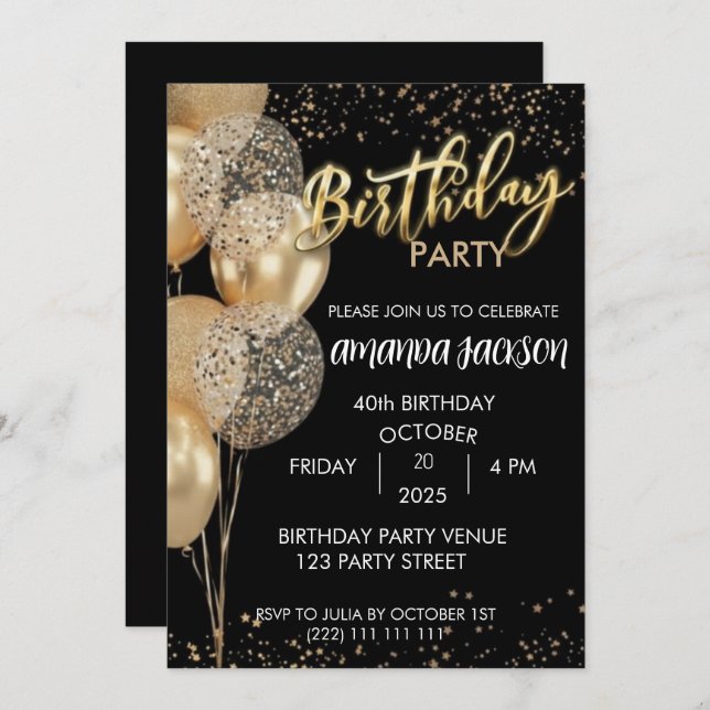 Invitación 40th Birthday Invitation Black Gold Balloons (Anverso / Reverso)