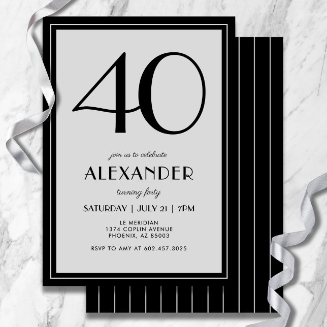 Invitación 40th Birthday Modern Minimalist Mens Black Gray (A chic, gender-neutral invitation perfect for any milestone birthday.)