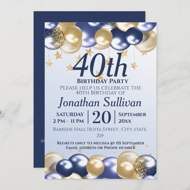 Invitación 40th Birthday Navy Gold Balloons Party (Anverso / Reverso)