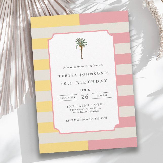 Invitación 40th Birthday Palm Beach Pastel Stripe Tropical (Available in both printed and instant download digital formats.)